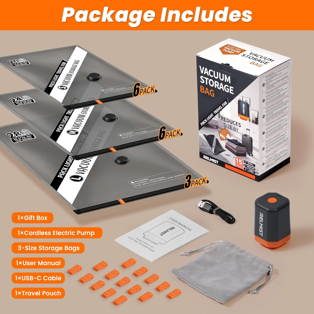 15 Pack Travel Vacuum Storage Bags with Portable Cordless Electric Pump | Vacuum Seal Bags for Clothing & Suitcase, Ideal for Business Trips, Cruise Vacations, RV Life, and Seasonal Storage.