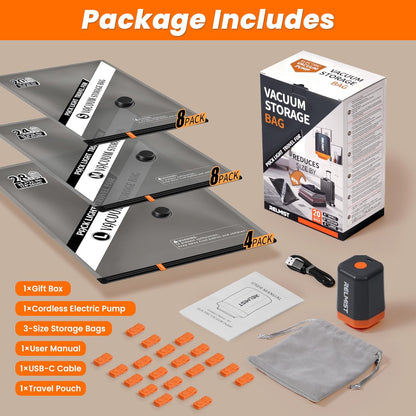 15 Pack Travel Vacuum Storage Bags with Portable Cordless Electric Pump | Vacuum Seal Bags for Clothing & Suitcase, Ideal for Business Trips, Cruise Vacations, RV Life, and Seasonal Storage.