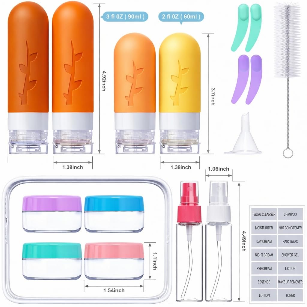 18pack Travel Bottles for Toiletries,TSA Approved Silicone Travel Containers for Toiletries,Leak Proof Refillable Liqus Shampoo And Conditioner travel Essentials toiletry Bottles