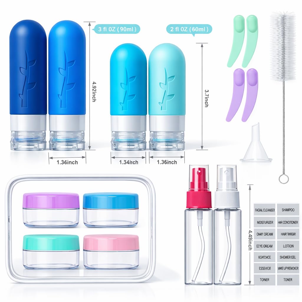 18pack Travel Bottles for Toiletries,TSA Approved Silicone Travel Containers for Toiletries,Leak Proof Refillable Liqus Shampoo And Conditioner travel Essentials toiletry Bottles