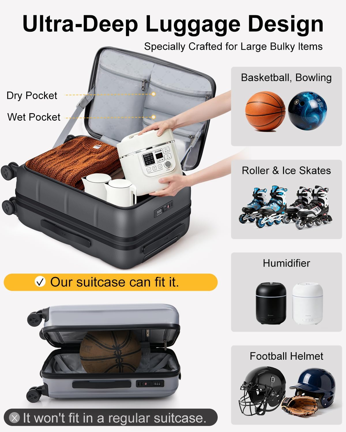Carry On Luggage Airline Approved, 20 Inch PC Hardside Scratch-Resistant Suitcase with TSA Lock, Top Opening Travel & Business Luggage
