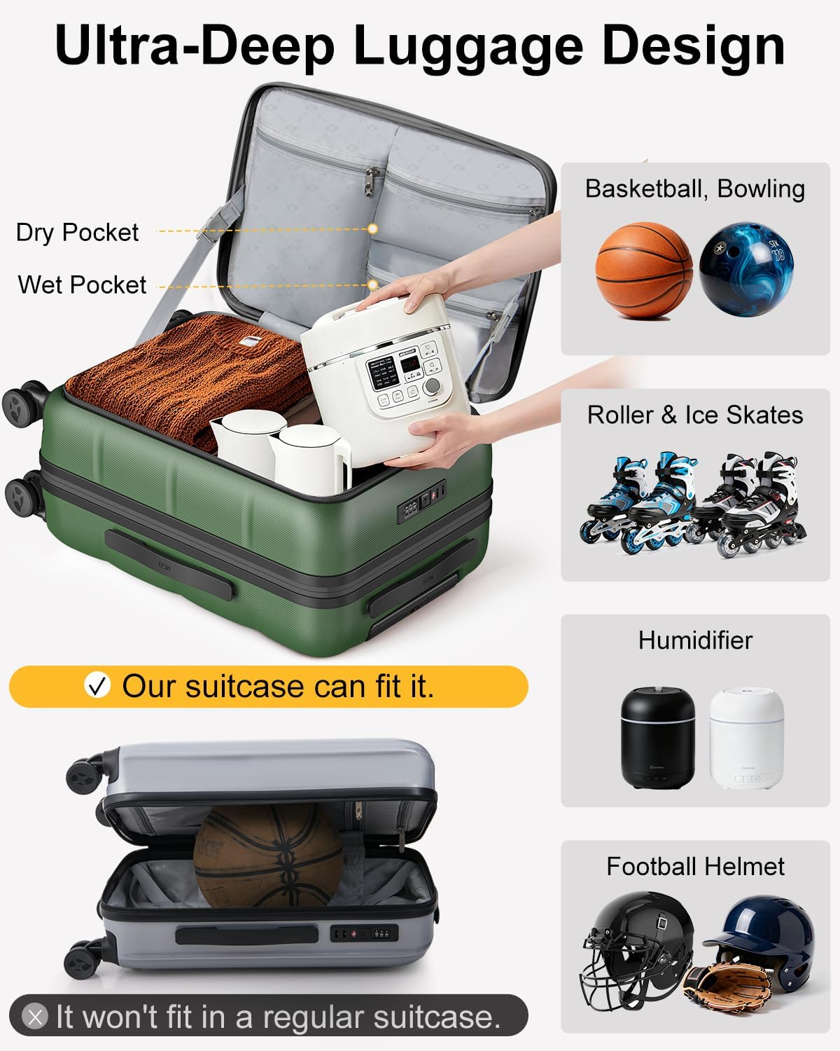 Carry On Luggage Airline Approved, 20 Inch PC Hardside Scratch-Resistant Suitcase with TSA Lock, Top Opening Travel & Business Luggage