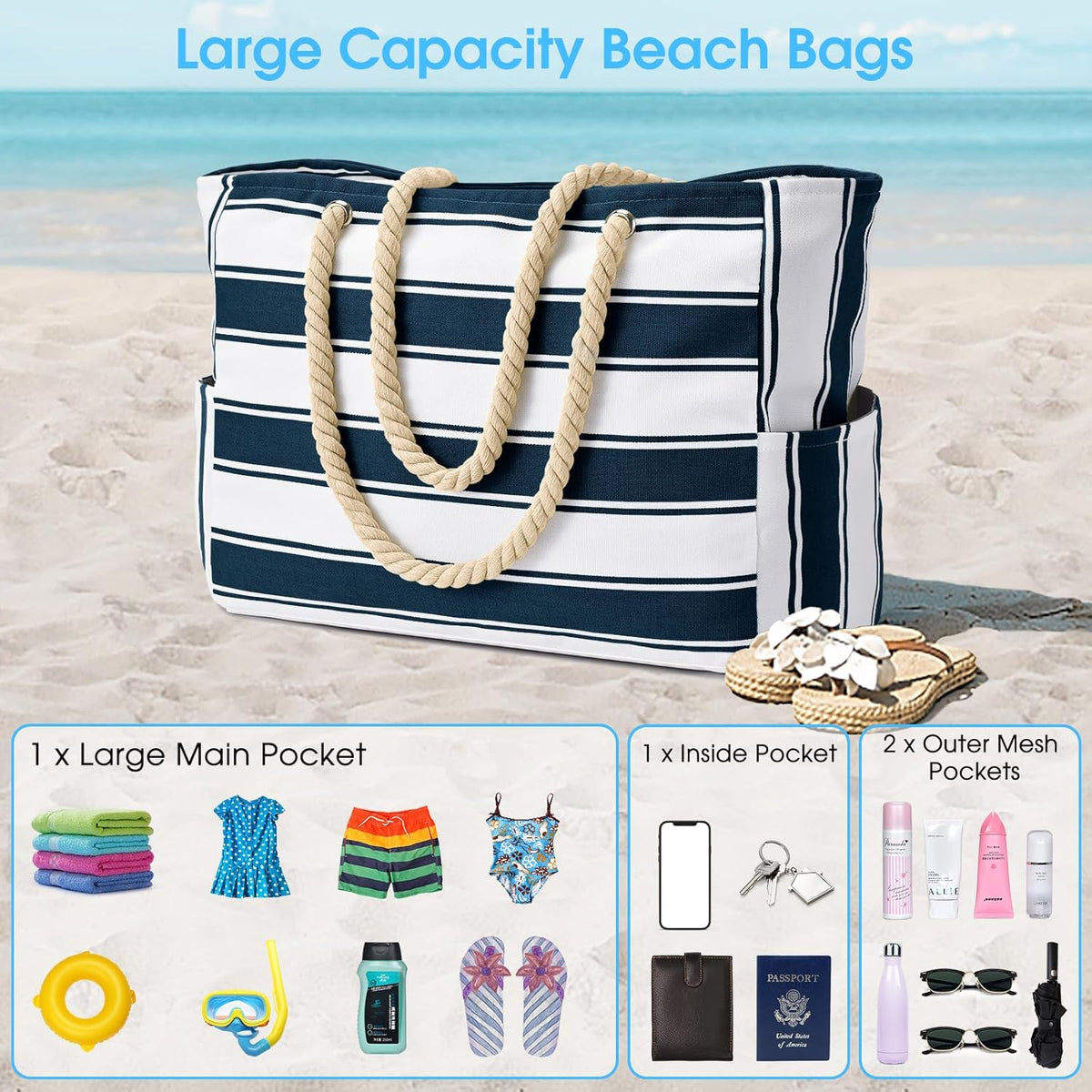 Becokan Beach Bags for Women Large Waterproof Beach Tote Bag Zipper Beach Bags Waterproof Sandproof Swim Pool Bag Large Tote