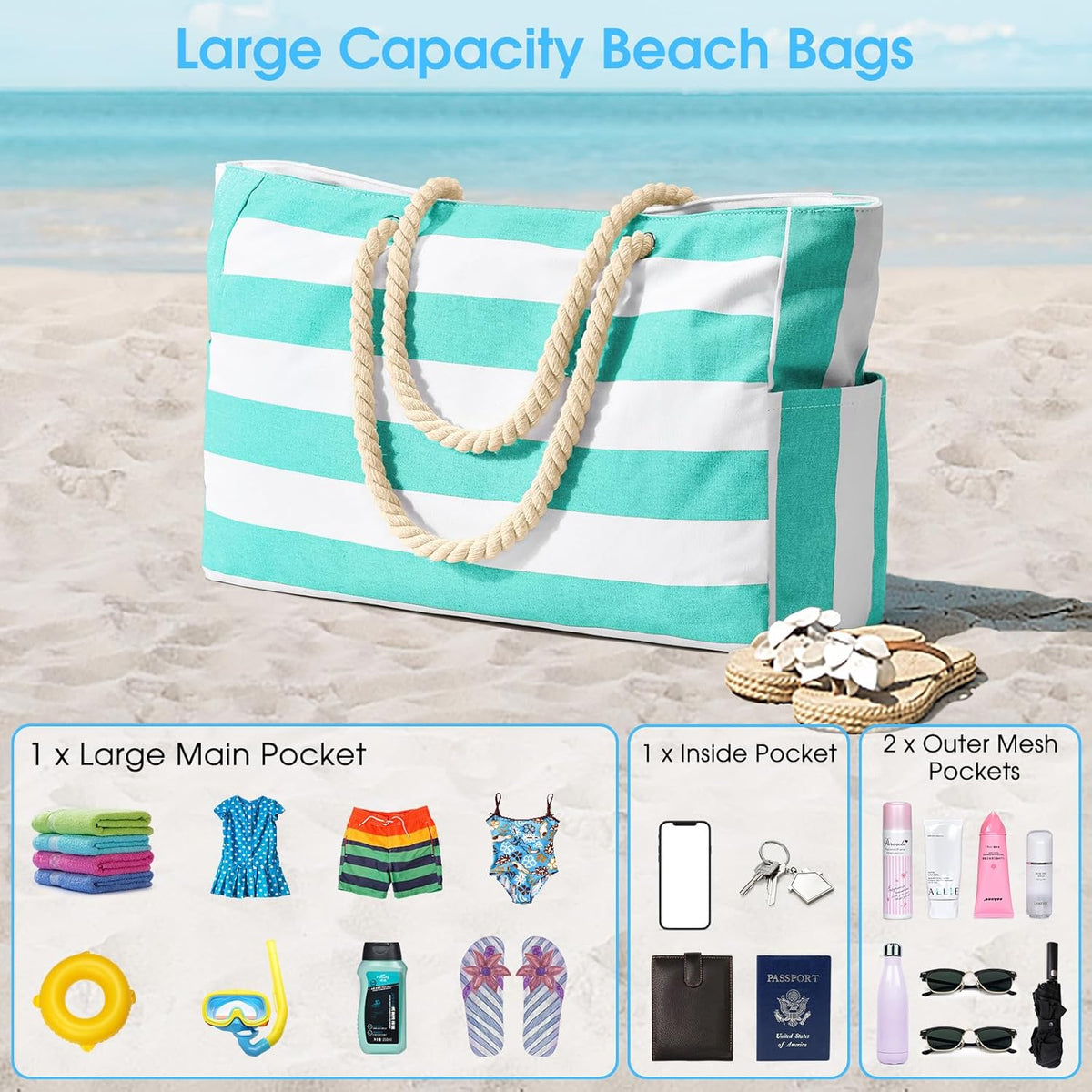 Becokan Beach Bags for Women Large Waterproof Beach Tote Bag Zipper Beach Bags Waterproof Sandproof Swim Pool Bag Large Tote
