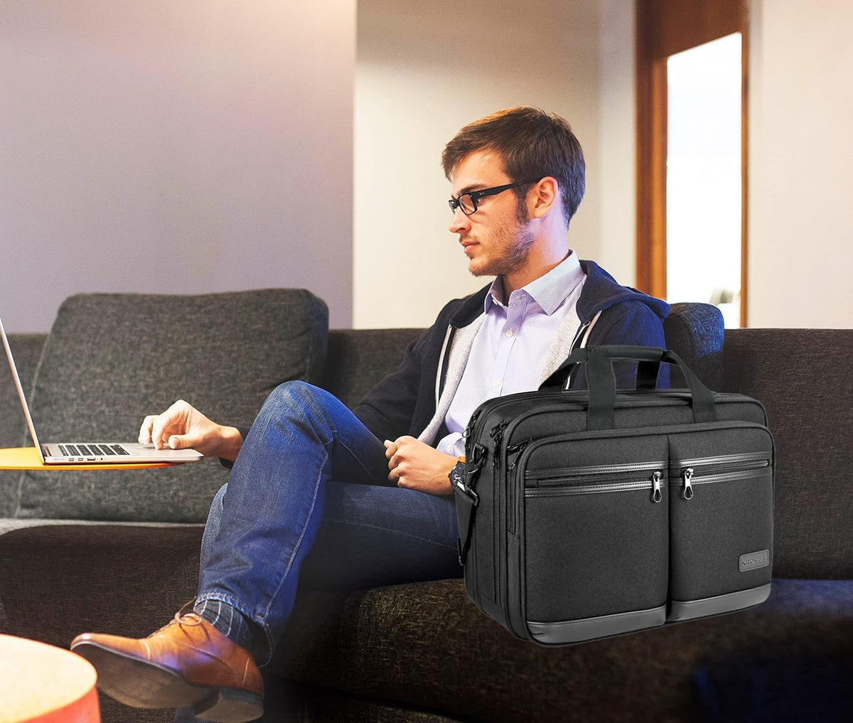 Laptop Bag Stylish Laptop Briefcase Fits Up to 17.3 Inch Expandable Water-Repellent Shoulder Messenger Bag Computer Bag with RFID Pockets for Business/Travel/College/Men/Women-Black