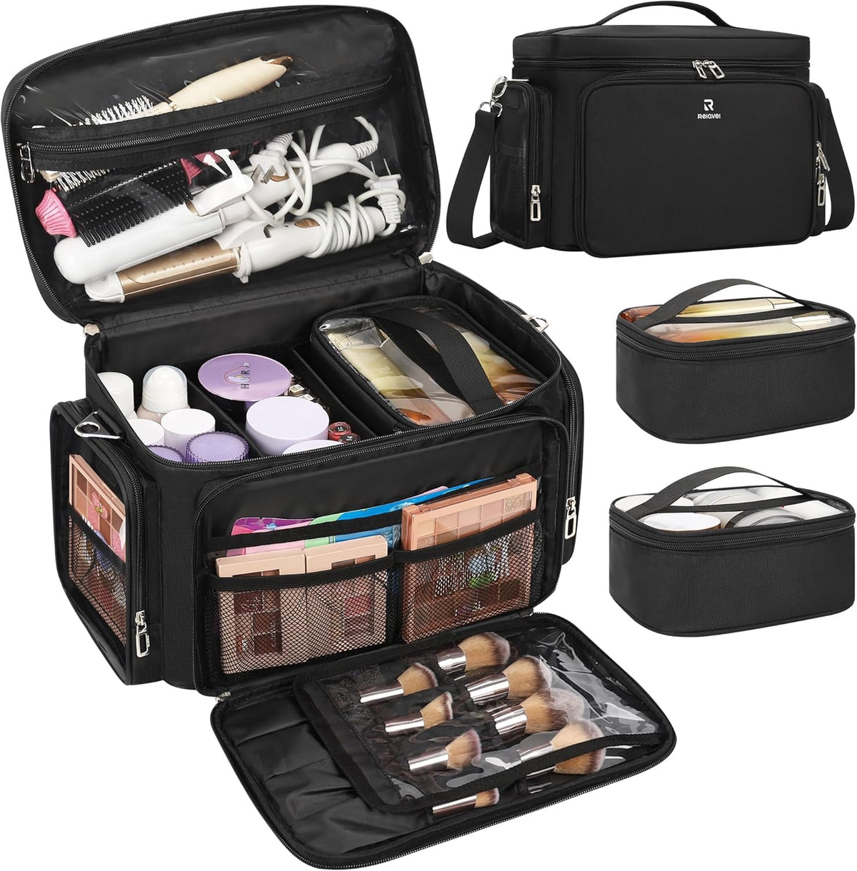 Large Makeup Organizer Bag, Professional Makeup Artist Bag Portable Travel Makeup Organizer with Detachable Dividers, 2 Pouches & Shoulder Strap, Cosmetic Storage for Beauty Enthusiasts