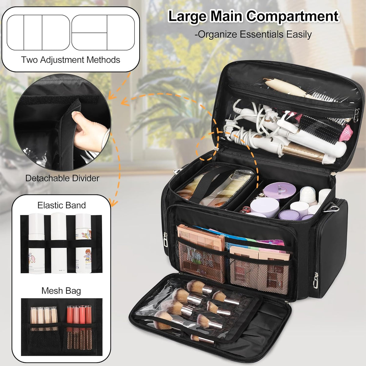 Large Makeup Organizer Bag, Professional Makeup Artist Bag Portable Travel Makeup Organizer with Detachable Dividers, 2 Pouches & Shoulder Strap, Cosmetic Storage for Beauty Enthusiasts