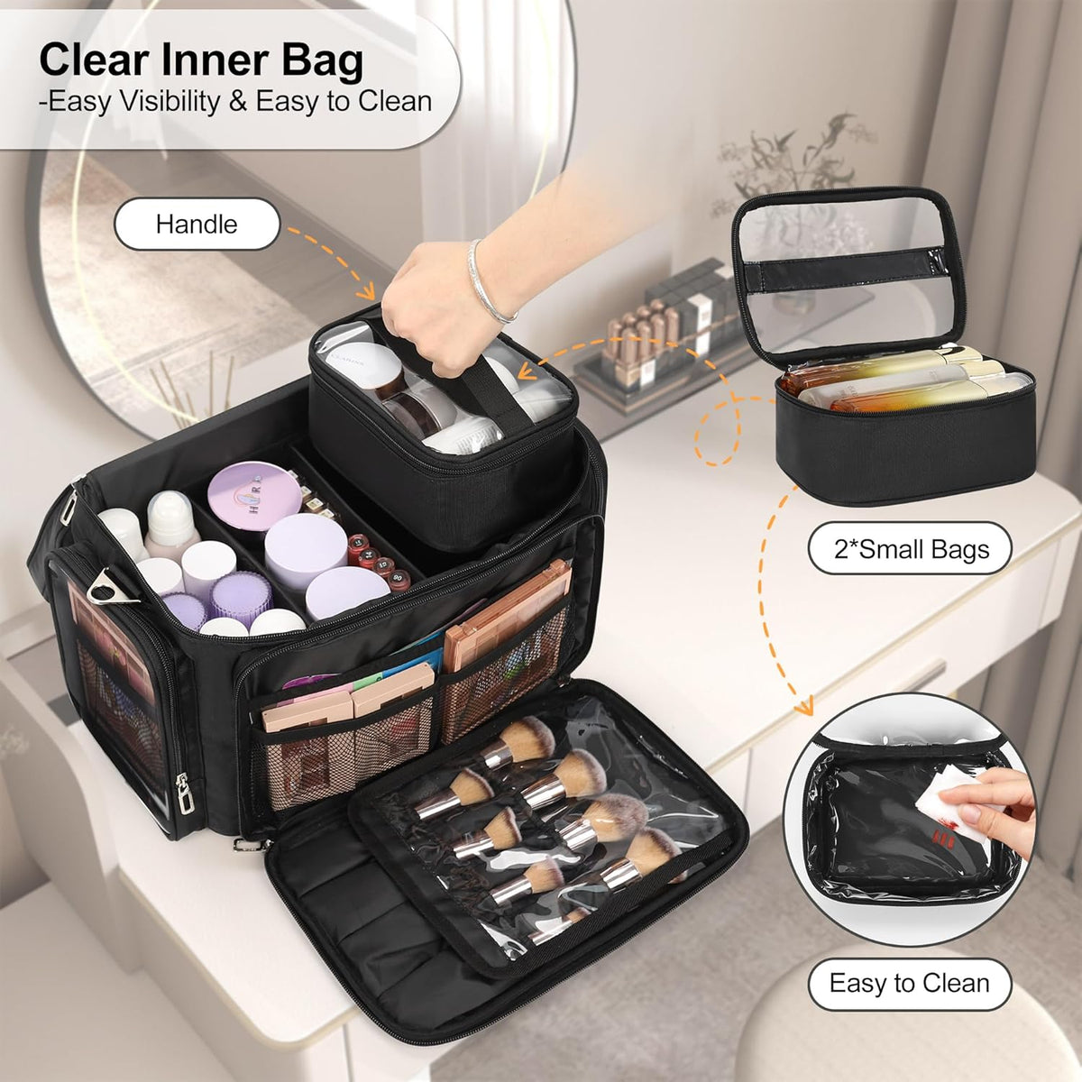 Large Makeup Organizer Bag, Professional Makeup Artist Bag Portable Travel Makeup Organizer with Detachable Dividers, 2 Pouches & Shoulder Strap, Cosmetic Storage for Beauty Enthusiasts