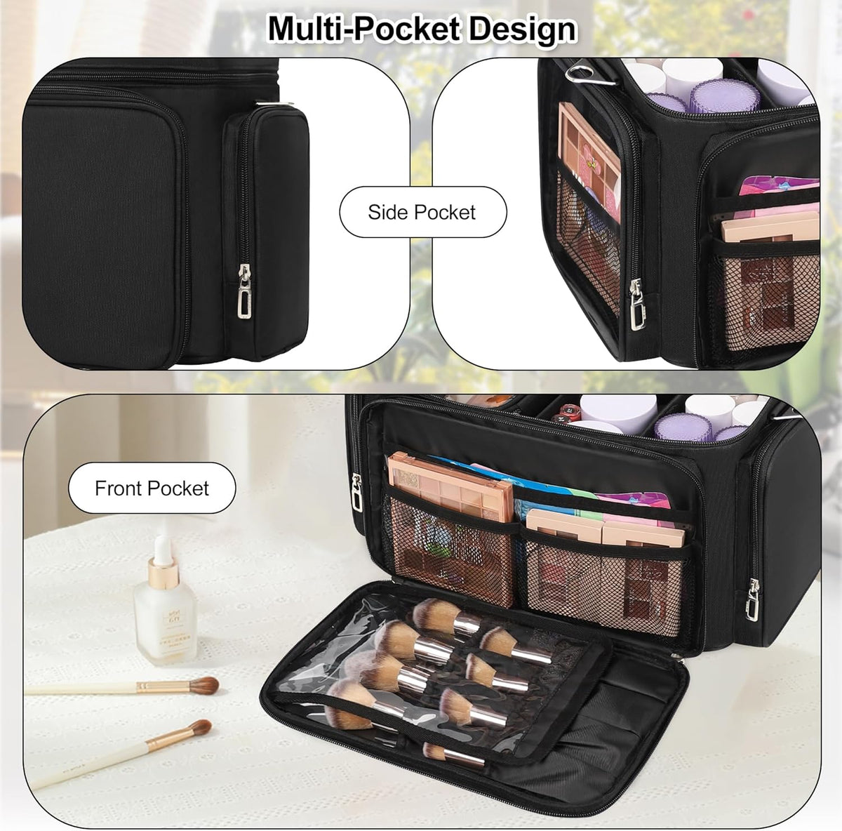 Large Makeup Organizer Bag, Professional Makeup Artist Bag Portable Travel Makeup Organizer with Detachable Dividers, 2 Pouches & Shoulder Strap, Cosmetic Storage for Beauty Enthusiasts