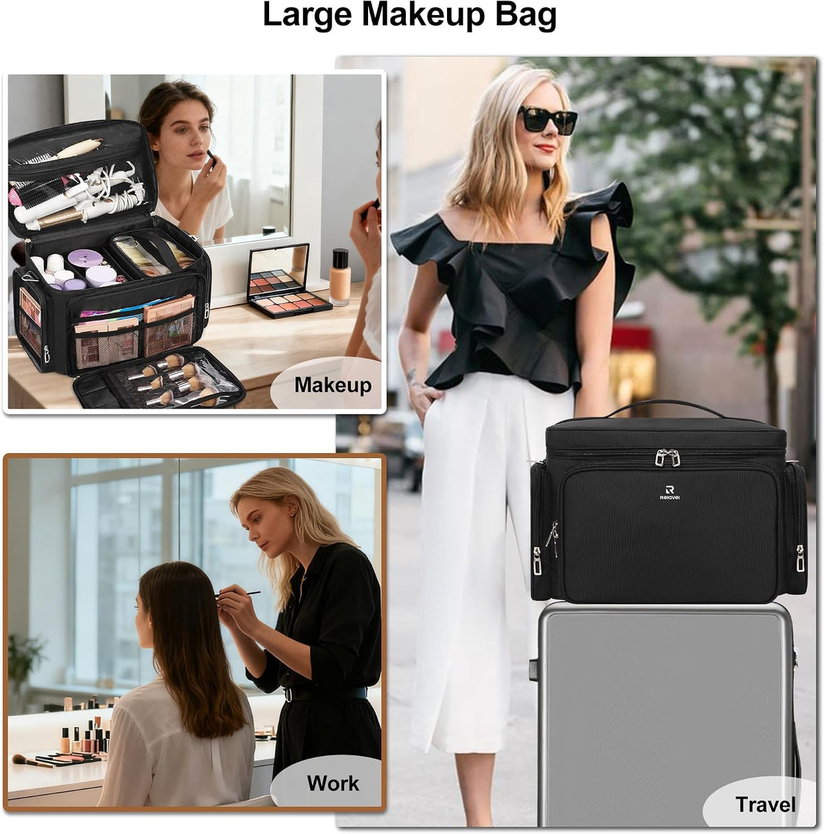 Large Makeup Organizer Bag, Professional Makeup Artist Bag Portable Travel Makeup Organizer with Detachable Dividers, 2 Pouches & Shoulder Strap, Cosmetic Storage for Beauty Enthusiasts