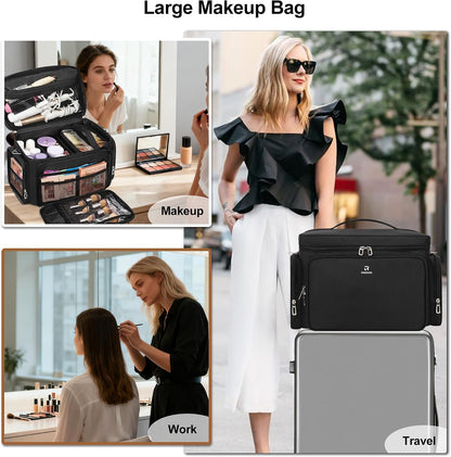 Large Makeup Organizer Bag, Professional Makeup Artist Bag Portable Travel Makeup Organizer with Detachable Dividers, 2 Pouches & Shoulder Strap, Cosmetic Storage for Beauty Enthusiasts