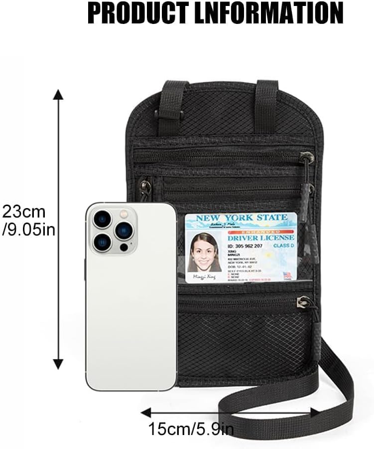 2-Pack RFID Blocking Passport Holder Neck Wallet, Large Travel Pouch for 2 Passports & 7" Phone, Comfortable Breathable Anti-Theft Travel Organizer with Cash Pocket (Black & Dark Gray)