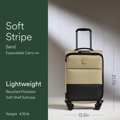Soft Stripe Carry On Luggage 22x14x9 Airline Approved - Cabin Suitcase with Expander, Adjustable Handle, 4 Spinner Wheels, Lightweight, TSA Lock - Recycled Polyester Luggage - Sand Yellow
