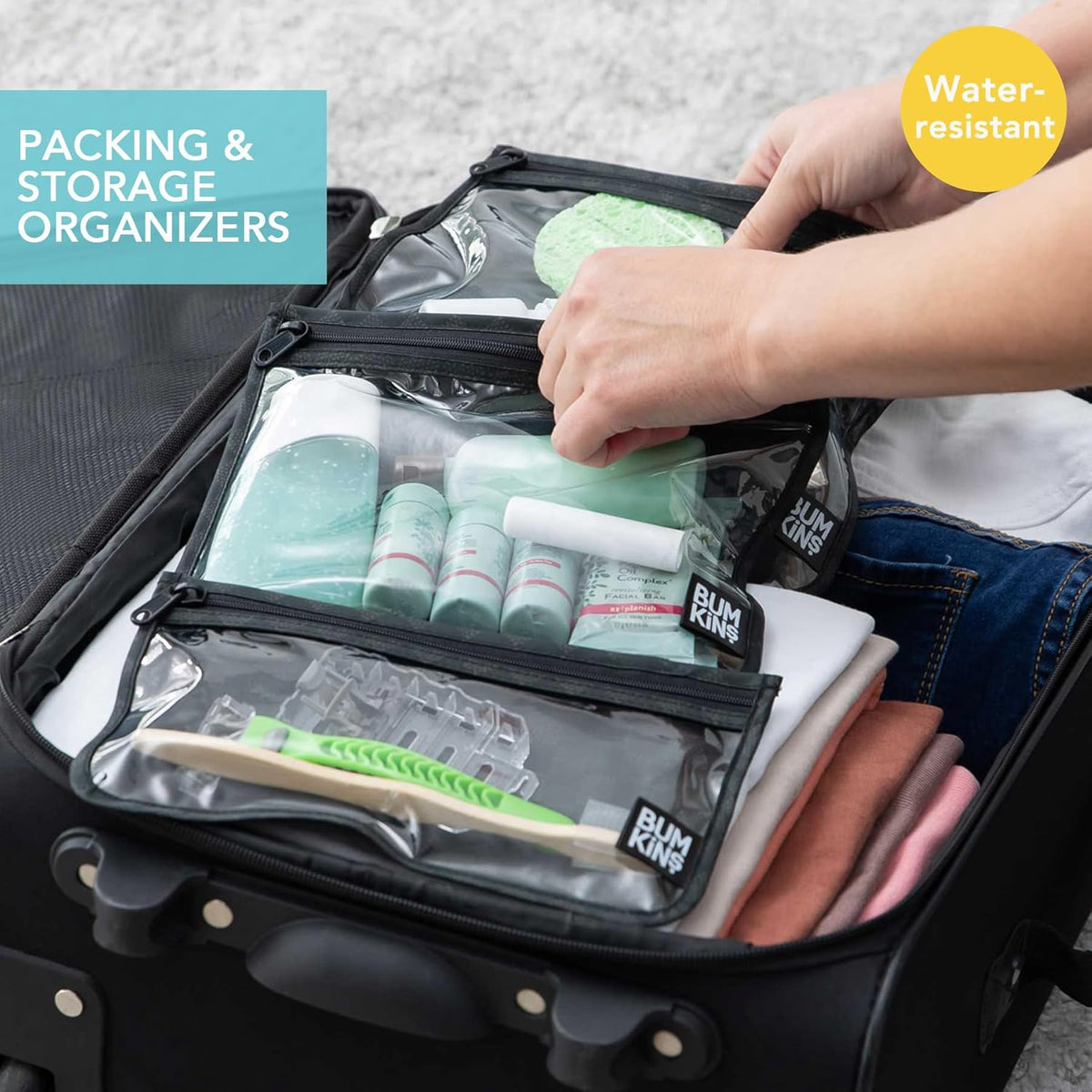 Roamio Travel Bag, Toiletry, TSA Approved Pouch, Zip Quart Size Airline Compliant, Clear-Sided, Baby, Diaper Organization, Makeup, Accessories, Carry On Packing, Set of 3 Sizes, Green Stripe