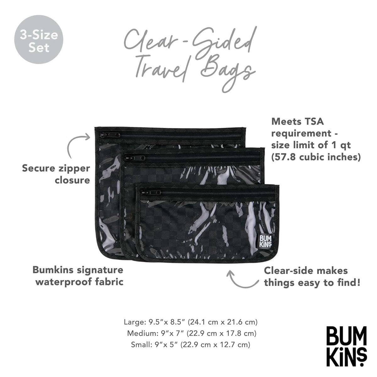 Roamio Travel Bag, Toiletry, TSA Approved Pouch, Zip Quart Size Airline Compliant, Clear-Sided, Baby, Diaper Organization, Makeup, Accessories, Carry On Packing, Set of 3 Sizes, Green Stripe
