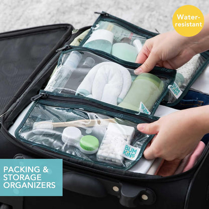 Roamio Travel Bag, Toiletry, TSA Approved Pouch, Zip Quart Size Airline Compliant, Clear-Sided, Baby, Diaper Organization, Makeup, Accessories, Carry On Packing, Set of 3 Sizes, Green Stripe