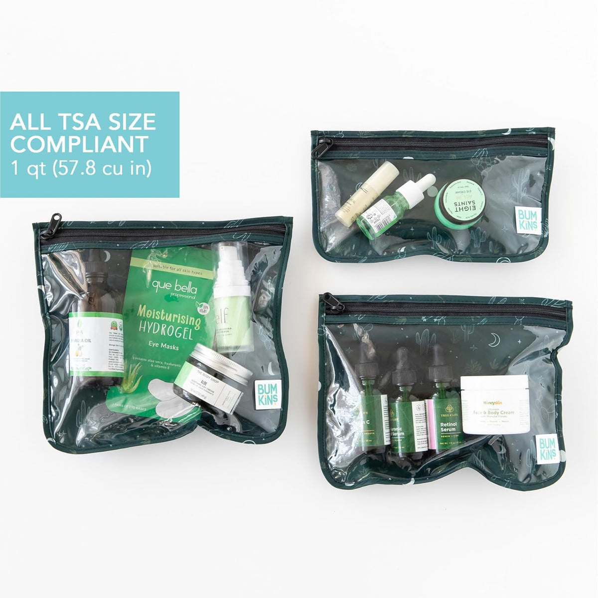 Roamio Travel Bag, Toiletry, TSA Approved Pouch, Zip Quart Size Airline Compliant, Clear-Sided, Baby, Diaper Organization, Makeup, Accessories, Carry On Packing, Set of 3 Sizes, Green Stripe