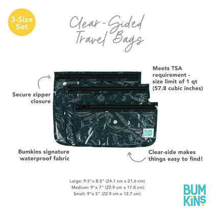 Roamio Travel Bag, Toiletry, TSA Approved Pouch, Zip Quart Size Airline Compliant, Clear-Sided, Baby, Diaper Organization, Makeup, Accessories, Carry On Packing, Set of 3 Sizes, Green Stripe