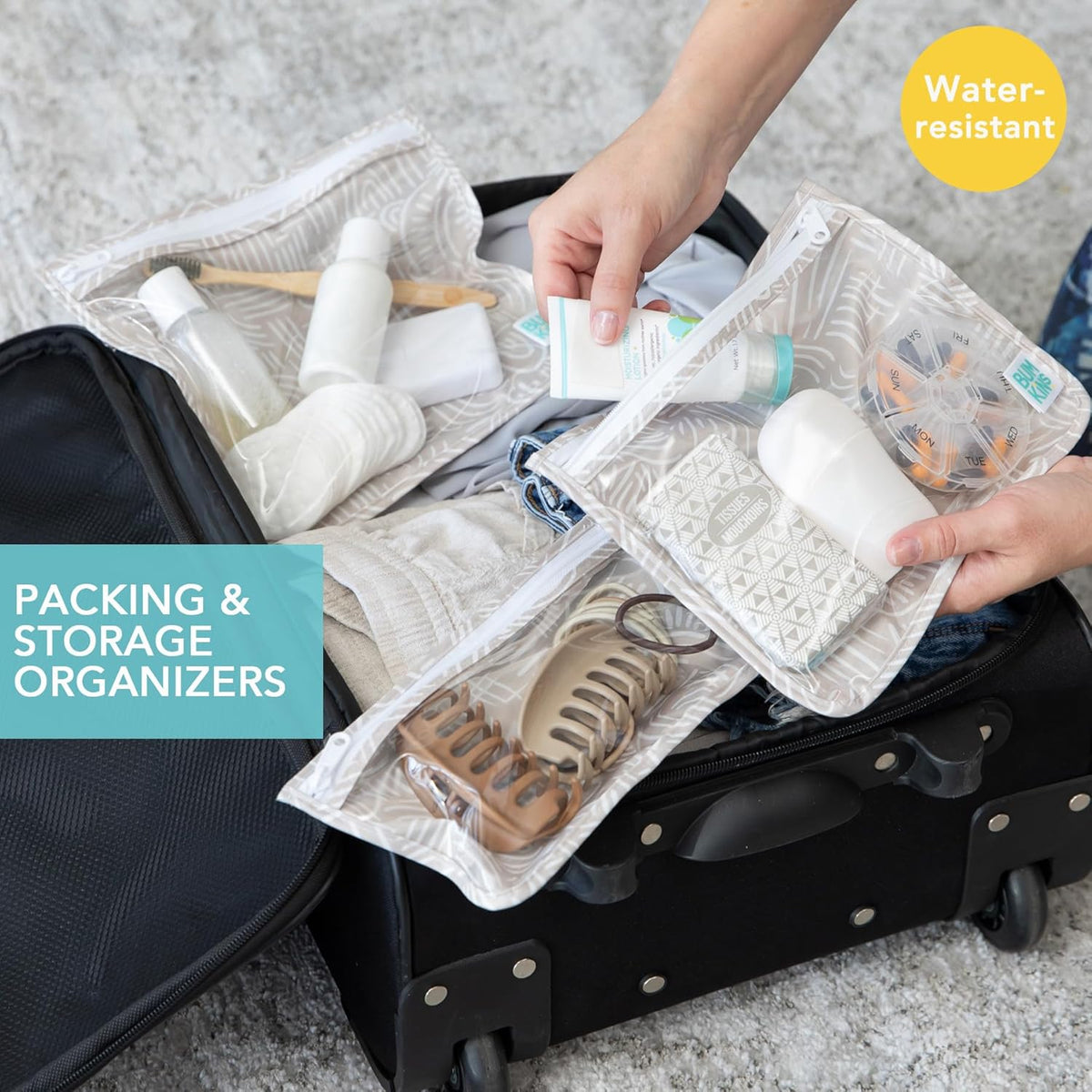 Roamio Travel Bag, Toiletry, TSA Approved Pouch, Zip Quart Size Airline Compliant, Clear-Sided, Baby, Diaper Organization, Makeup, Accessories, Carry On Packing, Set of 3 Sizes, Green Stripe