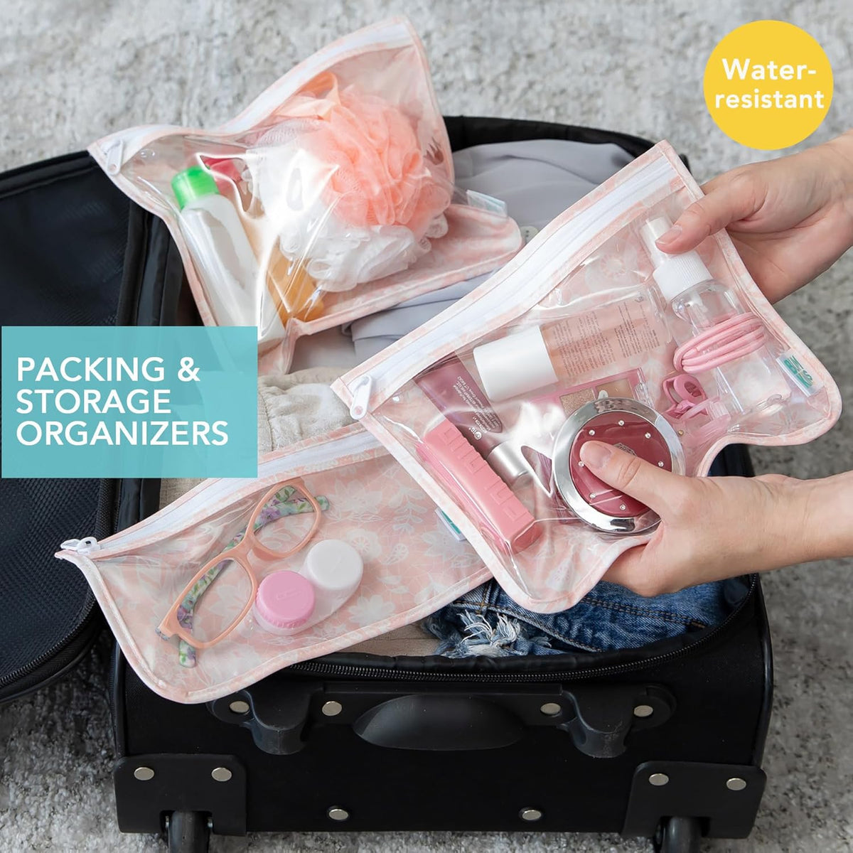 Roamio Travel Bag, Toiletry, TSA Approved Pouch, Zip Quart Size Airline Compliant, Clear-Sided, Baby, Diaper Organization, Makeup, Accessories, Carry On Packing, Set of 3 Sizes, Green Stripe