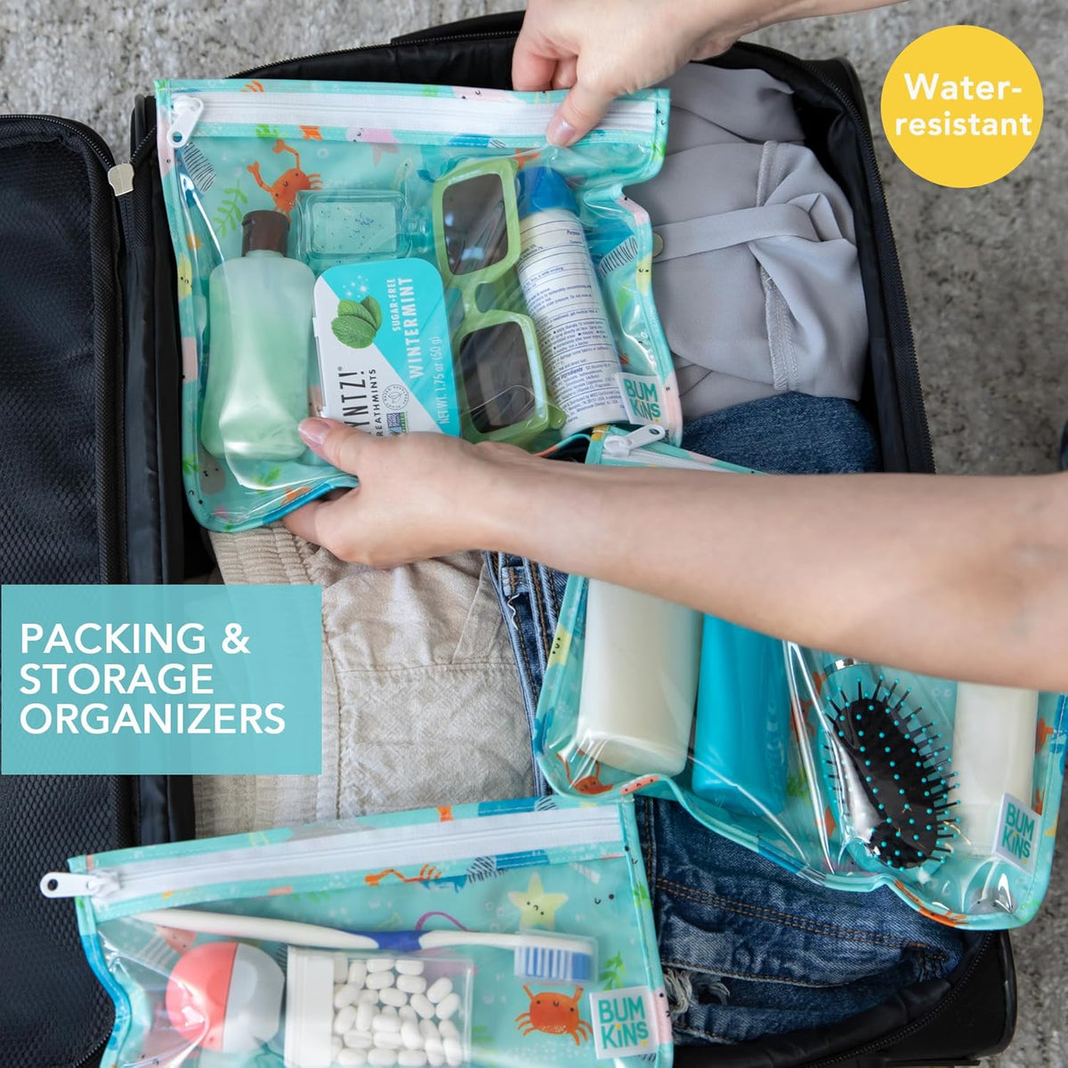 Roamio Travel Bag, Toiletry, TSA Approved Pouch, Zip Quart Size Airline Compliant, Clear-Sided, Baby, Diaper Organization, Makeup, Accessories, Carry On Packing, Set of 3 Sizes, Green Stripe
