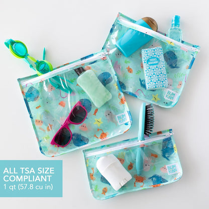 Roamio Travel Bag, Toiletry, TSA Approved Pouch, Zip Quart Size Airline Compliant, Clear-Sided, Baby, Diaper Organization, Makeup, Accessories, Carry On Packing, Set of 3 Sizes, Green Stripe