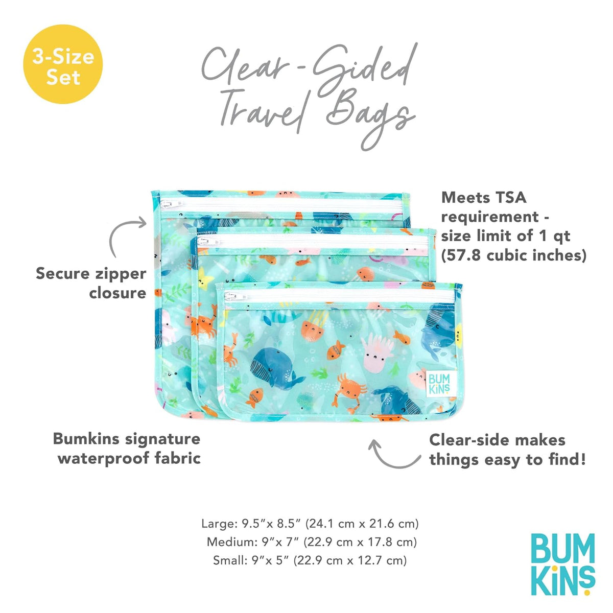 Roamio Travel Bag, Toiletry, TSA Approved Pouch, Zip Quart Size Airline Compliant, Clear-Sided, Baby, Diaper Organization, Makeup, Accessories, Carry On Packing, Set of 3 Sizes, Green Stripe