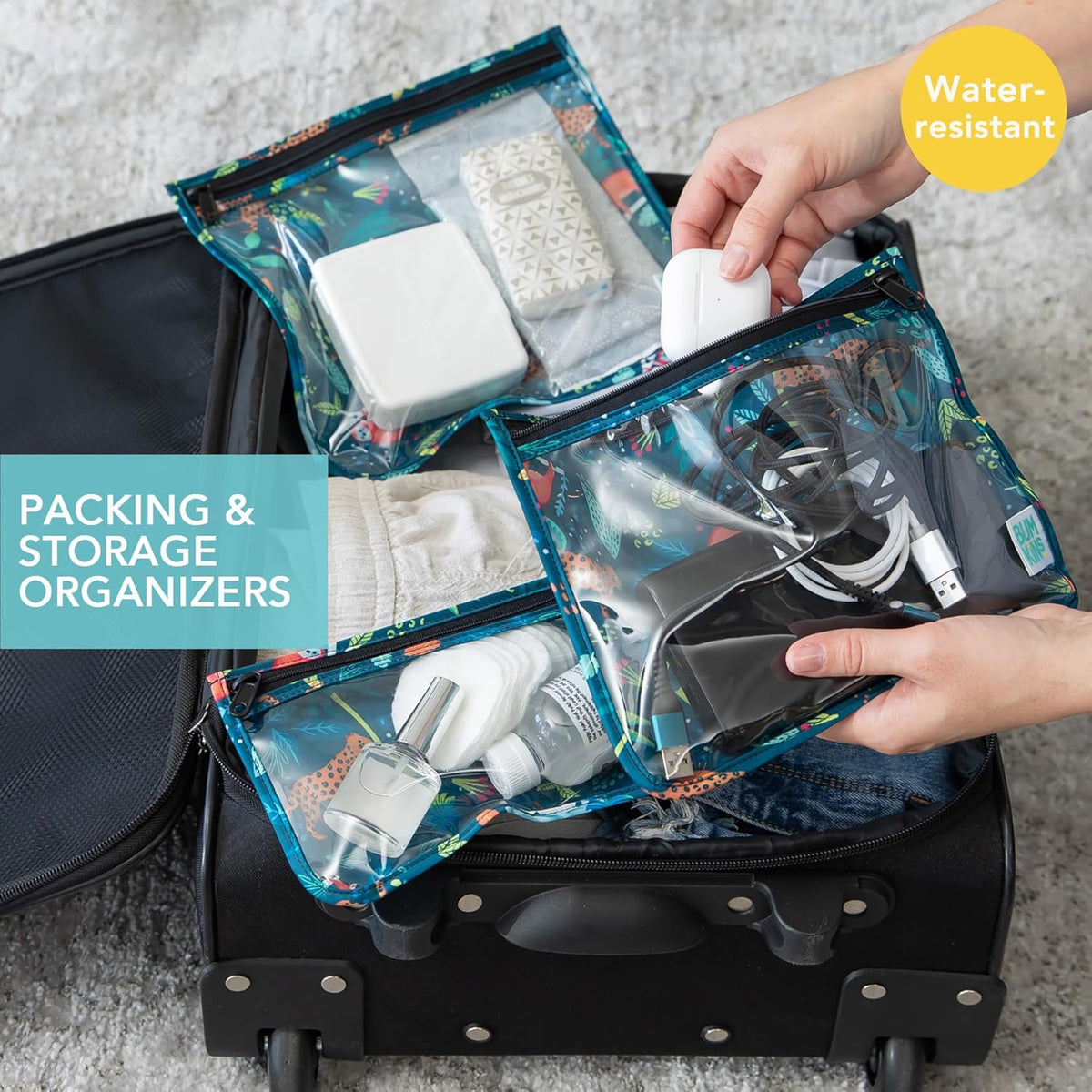 Roamio Travel Bag, Toiletry, TSA Approved Pouch, Zip Quart Size Airline Compliant, Clear-Sided, Baby, Diaper Organization, Makeup, Accessories, Carry On Packing, Set of 3 Sizes, Green Stripe