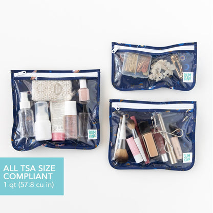Roamio Travel Bag, Toiletry, TSA Approved Pouch, Zip Quart Size Airline Compliant, Clear-Sided, Baby, Diaper Organization, Makeup, Accessories, Carry On Packing, Set of 3 Sizes, Green Stripe