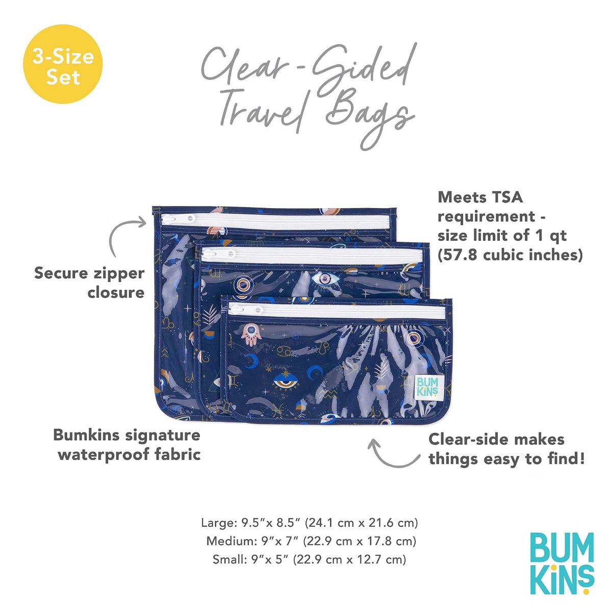 Roamio Travel Bag, Toiletry, TSA Approved Pouch, Zip Quart Size Airline Compliant, Clear-Sided, Baby, Diaper Organization, Makeup, Accessories, Carry On Packing, Set of 3 Sizes, Green Stripe
