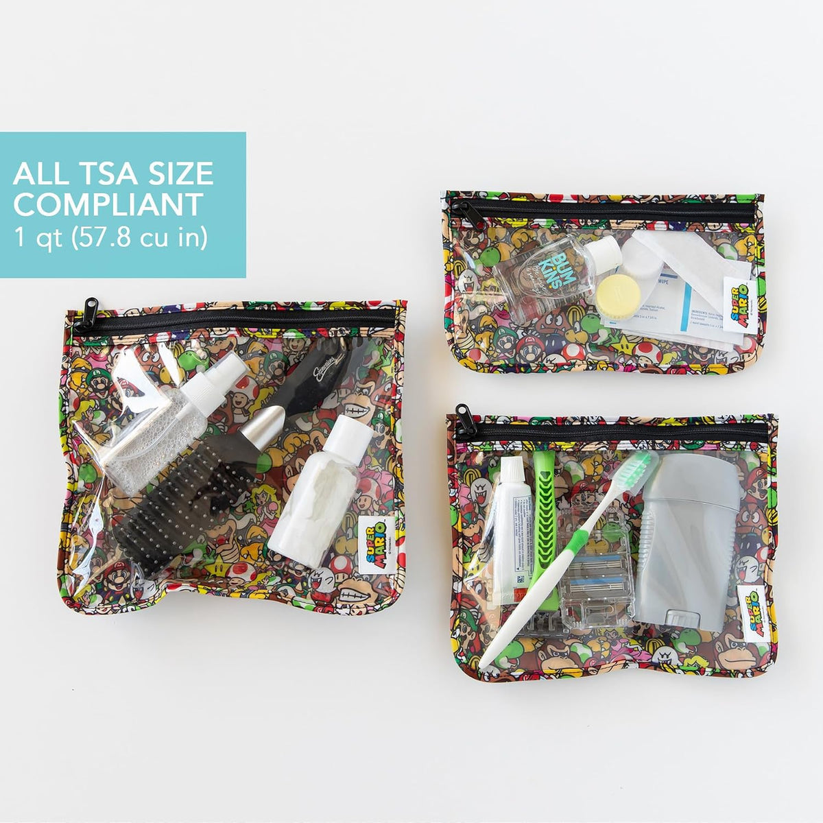 Roamio Travel Bag, Toiletry, TSA Approved Pouch, Zip Quart Size Airline Compliant, Clear-Sided, Baby, Diaper Organization, Makeup, Accessories, Carry On Packing, Set of 3 Sizes, Green Stripe