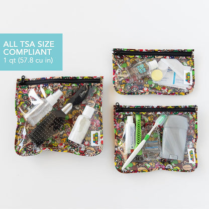 Roamio Travel Bag, Toiletry, TSA Approved Pouch, Zip Quart Size Airline Compliant, Clear-Sided, Baby, Diaper Organization, Makeup, Accessories, Carry On Packing, Set of 3 Sizes, Green Stripe