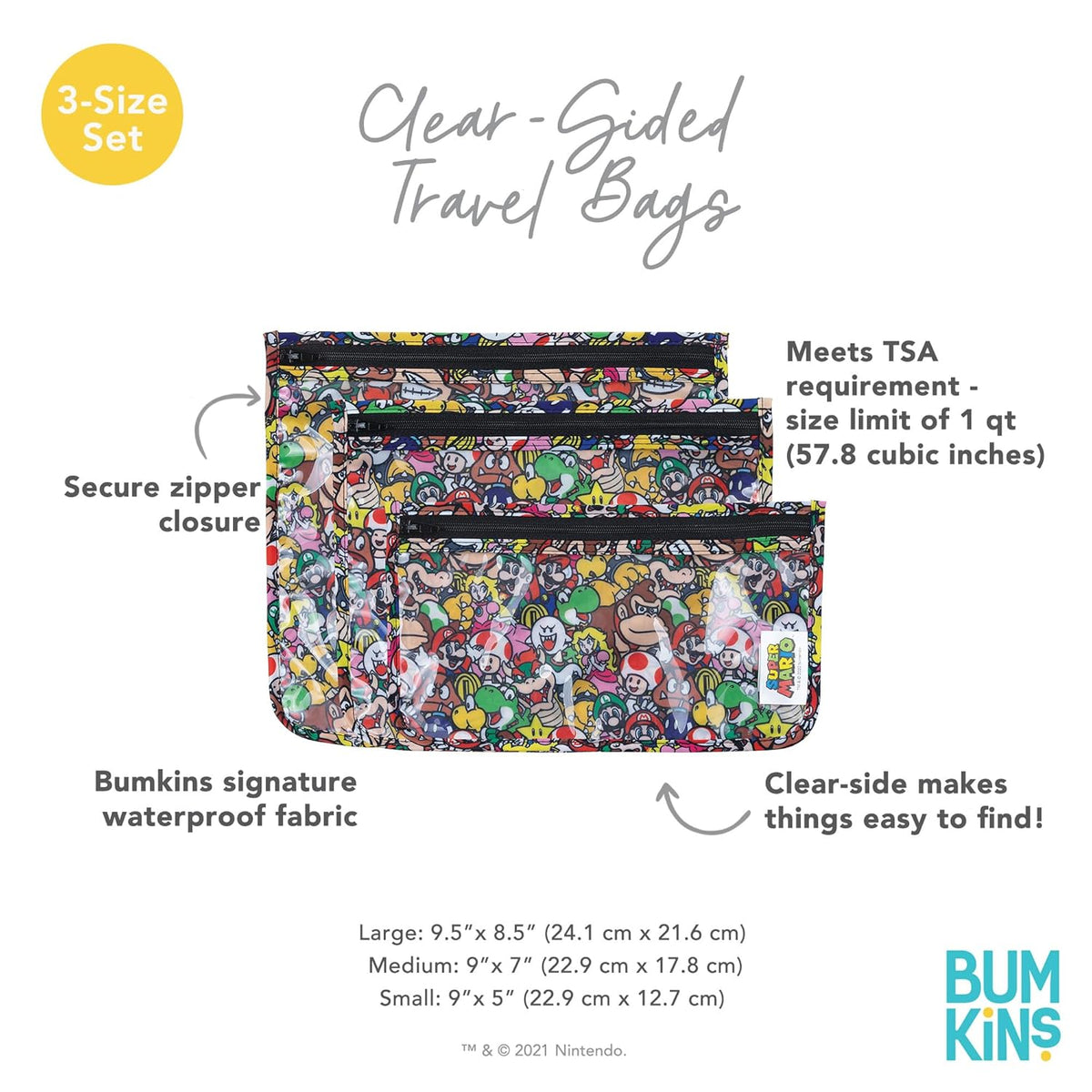 Roamio Travel Bag, Toiletry, TSA Approved Pouch, Zip Quart Size Airline Compliant, Clear-Sided, Baby, Diaper Organization, Makeup, Accessories, Carry On Packing, Set of 3 Sizes, Green Stripe