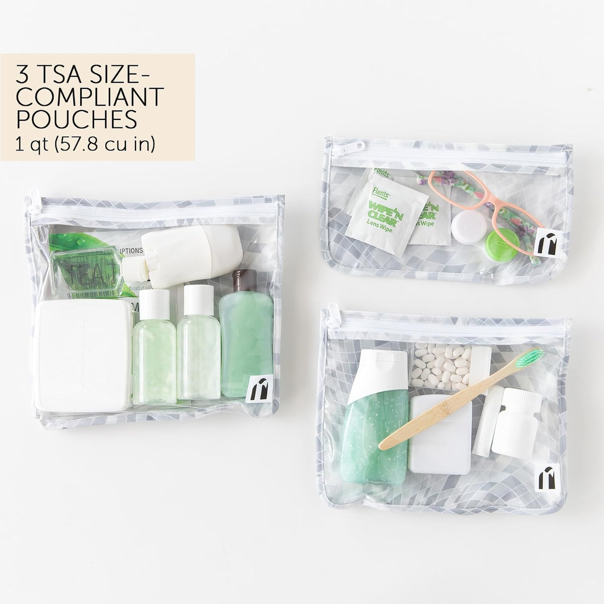 Roamio Travel Bag, Toiletry, TSA Approved Pouch, Zip Quart Size Airline Compliant, Clear-Sided, Baby, Diaper Organization, Makeup, Accessories, Carry On Packing, Set of 3 Sizes, Green Stripe