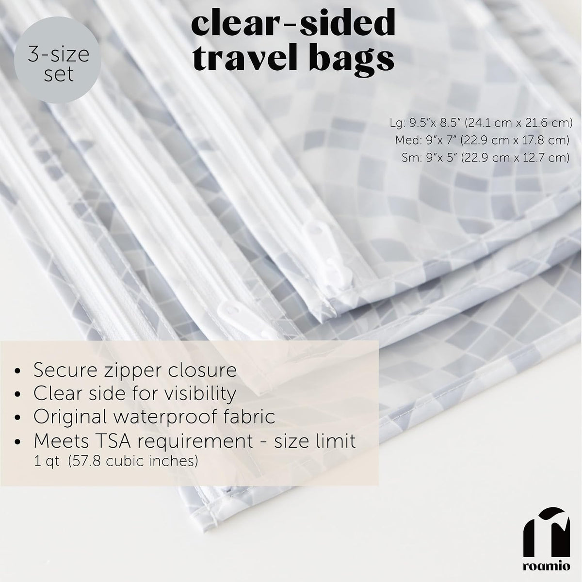 Roamio Travel Bag, Toiletry, TSA Approved Pouch, Zip Quart Size Airline Compliant, Clear-Sided, Baby, Diaper Organization, Makeup, Accessories, Carry On Packing, Set of 3 Sizes, Green Stripe