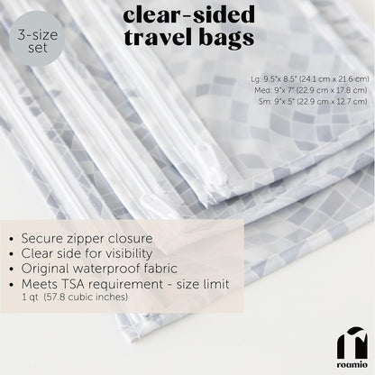 Roamio Travel Bag, Toiletry, TSA Approved Pouch, Zip Quart Size Airline Compliant, Clear-Sided, Baby, Diaper Organization, Makeup, Accessories, Carry On Packing, Set of 3 Sizes, Green Stripe
