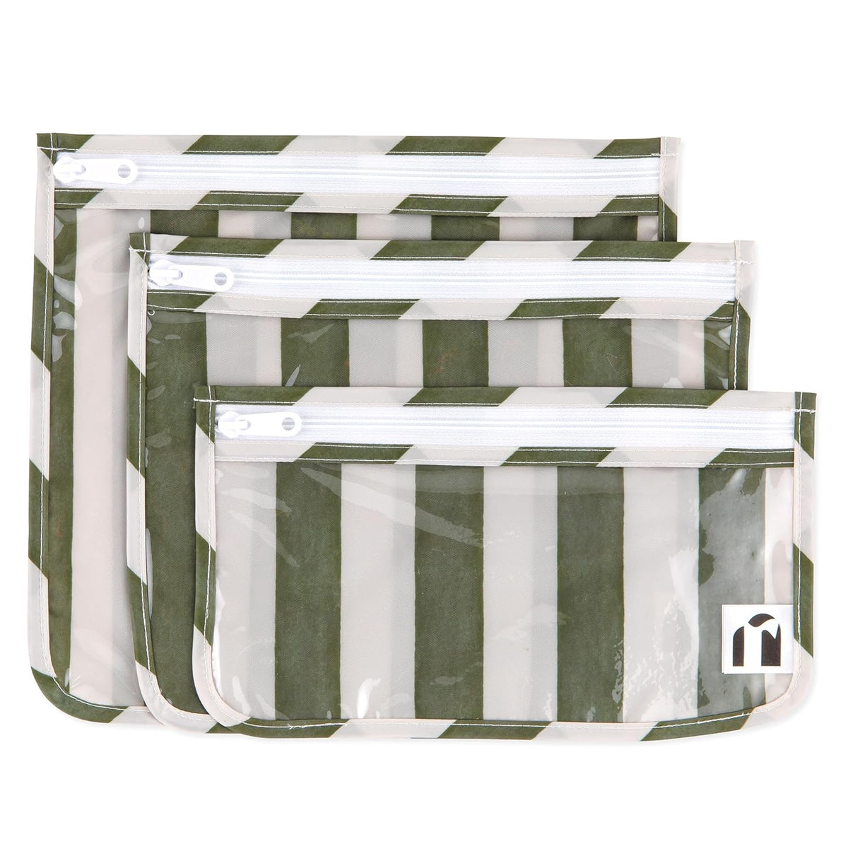 Roamio Travel Bag, Toiletry, TSA Approved Pouch, Zip Quart Size Airline Compliant, Clear-Sided, Baby, Diaper Organization, Makeup, Accessories, Carry On Packing, Set of 3 Sizes, Green Stripe