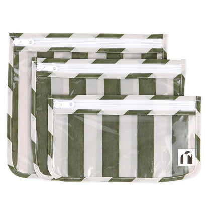 Roamio Travel Bag, Toiletry, TSA Approved Pouch, Zip Quart Size Airline Compliant, Clear-Sided, Baby, Diaper Organization, Makeup, Accessories, Carry On Packing, Set of 3 Sizes, Green Stripe