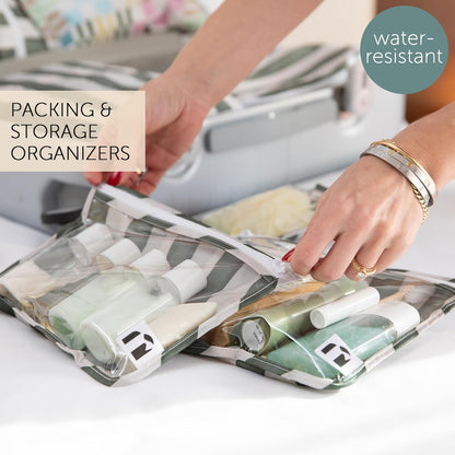 Roamio Travel Bag, Toiletry, TSA Approved Pouch, Zip Quart Size Airline Compliant, Clear-Sided, Baby, Diaper Organization, Makeup, Accessories, Carry On Packing, Set of 3 Sizes, Green Stripe