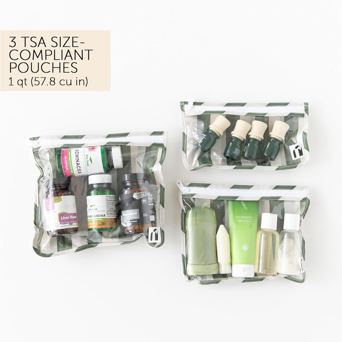 Roamio Travel Bag, Toiletry, TSA Approved Pouch, Zip Quart Size Airline Compliant, Clear-Sided, Baby, Diaper Organization, Makeup, Accessories, Carry On Packing, Set of 3 Sizes, Green Stripe