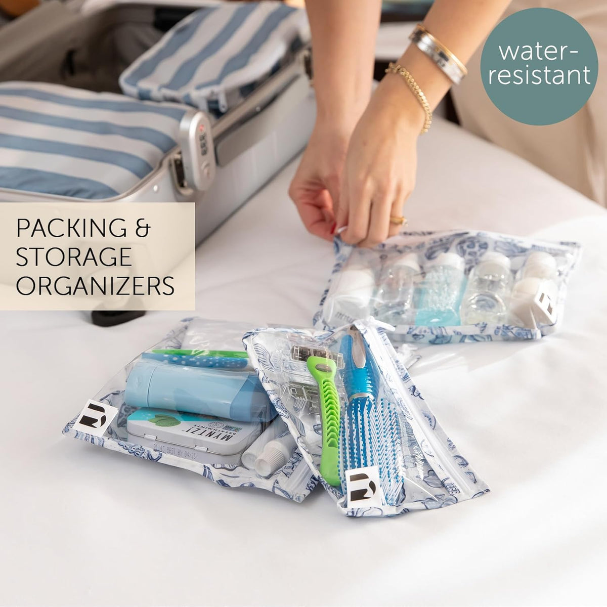 Roamio Travel Bag, Toiletry, TSA Approved Pouch, Zip Quart Size Airline Compliant, Clear-Sided, Baby, Diaper Organization, Makeup, Accessories, Carry On Packing, Set of 3 Sizes, Green Stripe