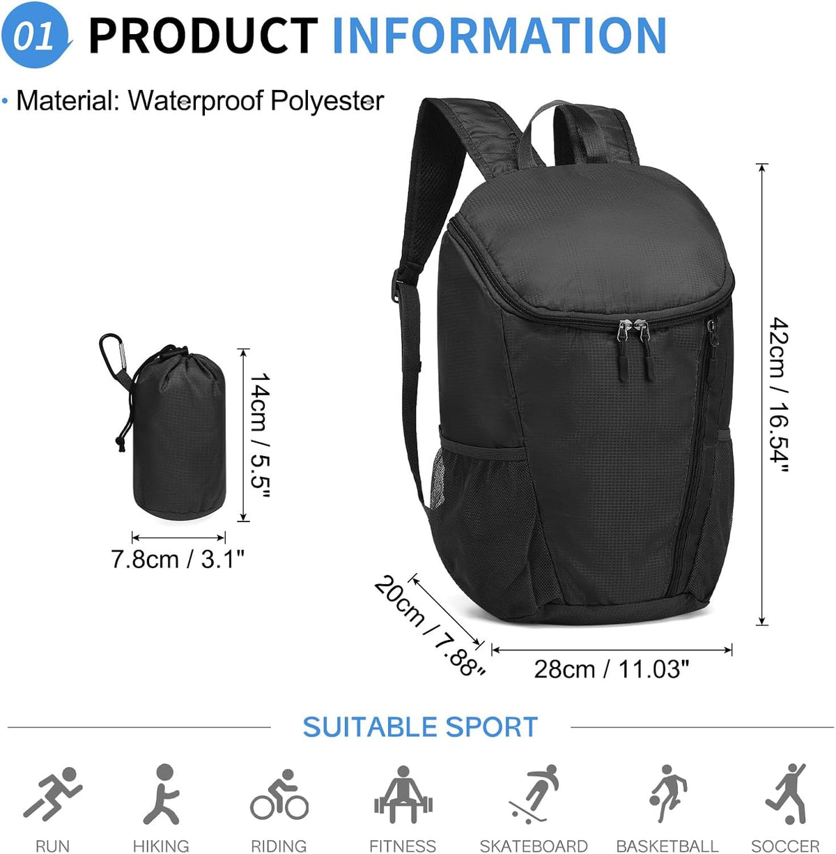 Hiking Backpack, 20L Packable Daypack for Men Women, Nylon with Adjustable Straps, Lightweight Waterproof Outdoor Camping Travel, Black