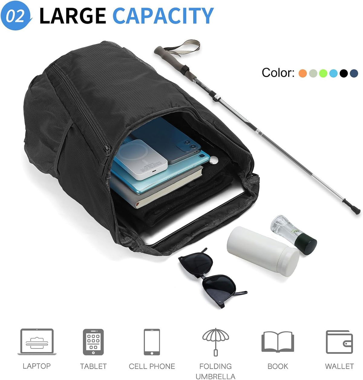 Hiking Backpack, 20L Packable Daypack for Men Women, Nylon with Adjustable Straps, Lightweight Waterproof Outdoor Camping Travel, Black
