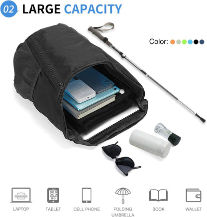 Hiking Backpack, 20L Packable Daypack for Men Women, Nylon with Adjustable Straps, Lightweight Waterproof Outdoor Camping Travel, Black