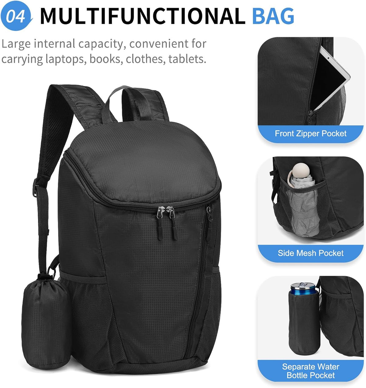 Hiking Backpack, 20L Packable Daypack for Men Women, Nylon with Adjustable Straps, Lightweight Waterproof Outdoor Camping Travel, Black