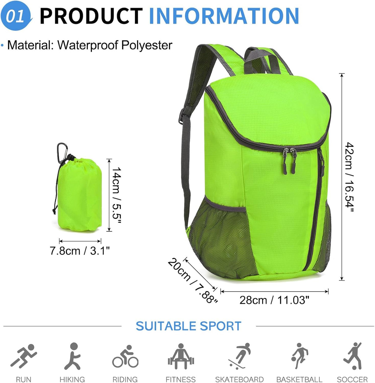 Hiking Backpack, 20L Packable Daypack for Men Women, Nylon with Adjustable Straps, Lightweight Waterproof Outdoor Camping Travel, Black