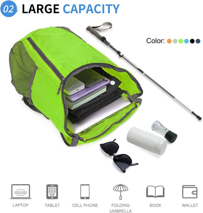 Hiking Backpack, 20L Packable Daypack for Men Women, Nylon with Adjustable Straps, Lightweight Waterproof Outdoor Camping Travel, Black