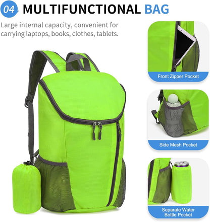 Hiking Backpack, 20L Packable Daypack for Men Women, Nylon with Adjustable Straps, Lightweight Waterproof Outdoor Camping Travel, Black