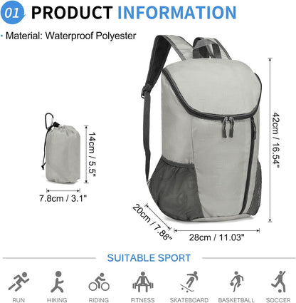 Hiking Backpack, 20L Packable Daypack for Men Women, Nylon with Adjustable Straps, Lightweight Waterproof Outdoor Camping Travel, Black