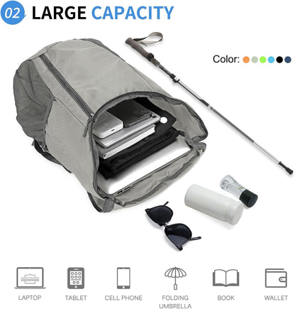 Hiking Backpack, 20L Packable Daypack for Men Women, Nylon with Adjustable Straps, Lightweight Waterproof Outdoor Camping Travel, Black